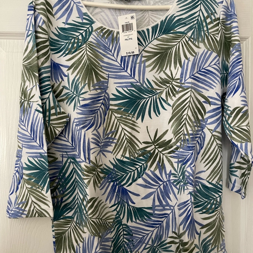 Karen Scott Tropical Leaf Print Long Sleeve Top